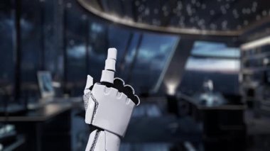 Robotik bir el modern ofis ortamında parlayan vergi bilgilerine işaret ederek teknoloji ve finans kavşağını dinamik dijital elementler ve simgelerle göstermektedir. Auvana