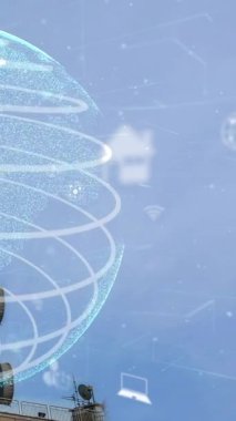 Dünya çapında internet ağı bağlantıları kavramında küresel iş değişikliğinin ve mavi gökyüzüne karşı e-ticaretin 3 boyutlu grafiğine sahip telekomünikasyon kulesi .