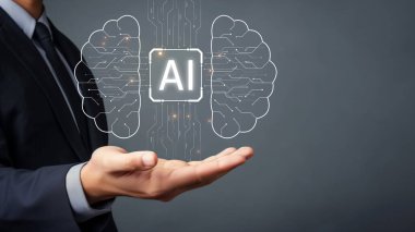 Profesyonel bir figür, parlayan beyin grafikleri ve dijital elementlerin yer aldığı ve teknolojik ilerlemeyi yansıtan yapay zekanın sembolik bir illüstrasyonunu sunuyor. XDMCP