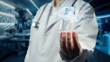 Laboratuvarda elinde beyin hologramı tutan ve geçmişi bulanık yetenekli doktorlara yakın çekim. Semptomu teşhis ederken insan beyin anatomisini inceleyen bir tıp çalışanı. İyileştirici.