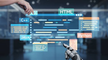 Bir insan eli, teknolojideki yenilik ve işbirliğini vurgulamak için programlama dillerinin dijital arayüzünü gösteren robotik bir ele uzanıyor. Auvana