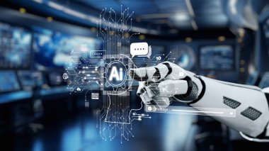 Fütürist bir robot el, teknolojinin ve yeniliğin dijital çalışma alanına entegrasyonunu sembolize eden yapay zeka arayüzüne işaret ediyor. Auvana