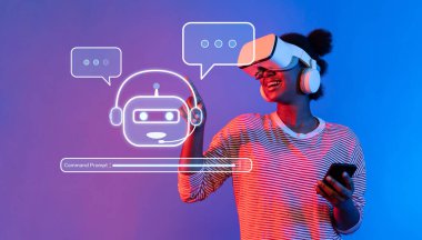 Neşeli bir kullanıcı canlı bir VR ortamında sanal bir asistanla iletişim kurar, metin komutları ve sohbet robotları aracılığıyla etkileşimi gösterir. XDMCP