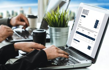Muhasebe uygulamasından gelen fatura bilgisayar ekranında. Şirket işlerinin finans ve bütçesi için bilgisayar programı. Rahatça..