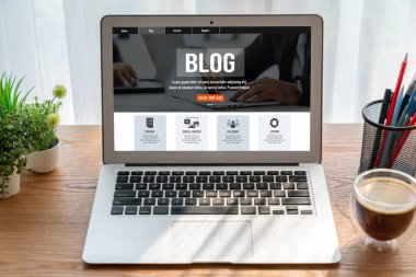 blogging concept, web blog Social Media Information network snugly. social media online content, freelance worker, working online, content creator, blogger, website, reading blog online on computer