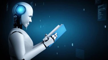 Futuristic robot artificial intelligence huminoid AI programming coding technology development and machine learning concept. Robotic bionic science research for future of human life. 3D rendering.