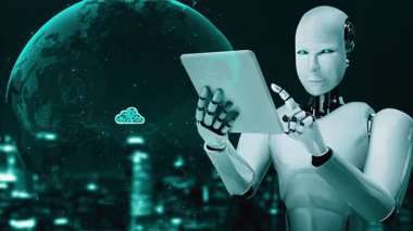 AI robot huminoid uses cloud computing technology to store data on online server . Futuristic concept of cloud information storage analyzed by machine learning process . 3D rendering .