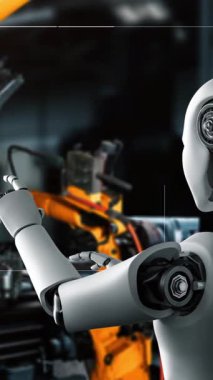 Cybernated industry robot and human worker working together in future factory . Concept of artificial intelligence for industrial revolution and automation manufacturing process .