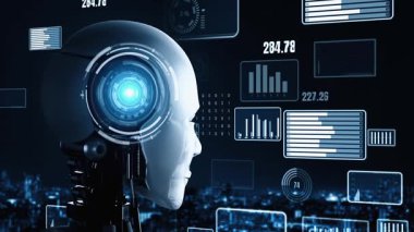 Future financial technology controll by AI robot huminoid uses machine learning and artificial intelligence to analyze business data and give advice on investment and trading decision . 3D rendering .