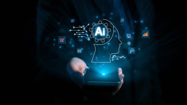 Yapay zeka mühendisliği, büyük veri ve yapay zeka makinesi kavramında yapay zeka beyin işlemcisiyle iş desteği için üretken yapay zeka kullanmayı öğrenen insan etkileşimi. Kullanıcı Kimliği