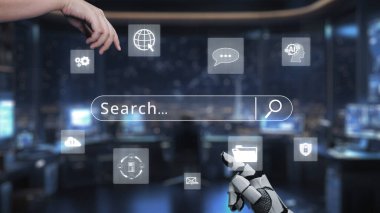 Teknoloji ve iletişim ikonlarının yer aldığı, yeniliği sembolize eden modern ofis ortamında insan eliyle robot kol arasındaki etkileşimin görsel bir temsili. Auvana