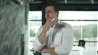 Akıllı iş adamı cam tahtanın önünde bir proje başlatmayı düşünüyor. Gülümseyen erkek proje yöneticisi yaratıcılık pazarlama stratejisini gösteren renkli yapışkan notlara bakıyor. Yönlendirici.