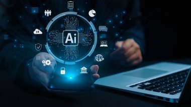 Yapay zeka mühendisliği, büyük veri ve yapay zeka makinesi kavramında yapay zeka beyin işlemcisiyle iş desteği için üretken yapay zeka kullanmayı öğrenen insan etkileşimi. Kullanıcı Kimliği