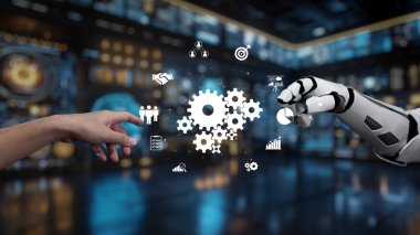Bu resim, dijital ortamda bir insan ve robot el arasındaki etkileşimi, dişlileri ve veri görsellemesini, yeniliği ve işbirliğini sembolize eden etkileşimi tasvir eder. Auvana
