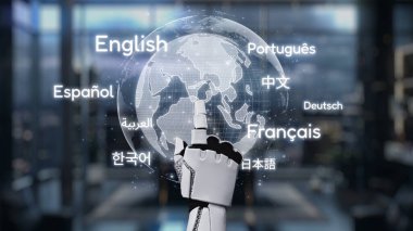 Robot bir el, modern bir ortamda gelişmiş teknoloji ve küresel iletişimi sembolize ederek, birden fazla dili gösteren dijital bir küreye işaret ediyor. Auvana