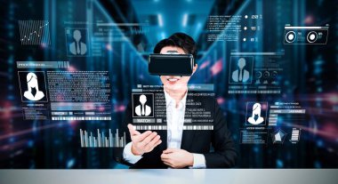 Gözlüklü bir iş adamı güvenlik koruması altında çalışıyor. Güvenlik sisteminde resmi kıyafet kontrolü ve erişimi olan bir yönetici. Veri merkezi geçmişine sahip artırılmış teknoloji kullanarak. Yaratıcılık.