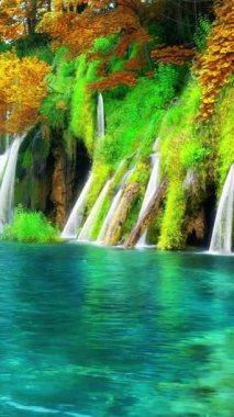 Sonbaharda Plitvice Gölleri Hırvatistan 'daki şelale manzarasının kusursuz döngü sineması videosu. Rahatlama arka planı için sakin doğa manzarası .