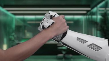 Bir insan eli, yenilenebilir enerji, akıllı cihazlar ve çevresel hususlarla ekolojide işbirliğini sembolize eden modern bir ofiste robotik bir ele uzanıyor. Auvana