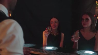 Güzel bir kadının VIP konuğunun portresi. Şık bir gece partisinde lüks bir gece kulübünde kadeh kaldırıyor. Barda oturmuş barmen atmosfer partisi yaşam tarzıyla konuşuyorum. Vinosity.