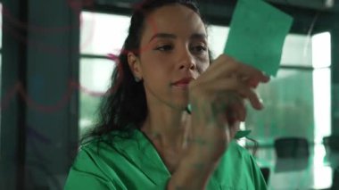 Genç İspanyol çalışanlar renkli yapışkan notlar yazıyorlar. Akıllı iş kadını pazarlama fikrini, beyin fırtınası stratejisini, iş planını paylaşıyor. Proje yöneticisi zihin haritası çiziyor. - Yakın çekim. Yönlendirici.