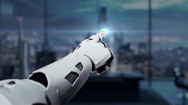 Robotik bir el, modern toplumdaki teknoloji ve iletişimin kaynağını sembolize eden gösterişli bir ofis alanında holografik bir küresel ağ ile etkileşime girer. Auvana