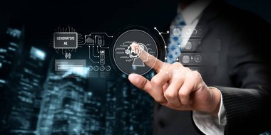 Yapay zeka sanal asistanı Chatbot ile yapay zeka konsepti ile insan etkileşimi, yapay zeka mühendisliği, LLM yapay zeka derin öğrenimi iş desteği için üretken yapay zeka kullanımı. FaaS