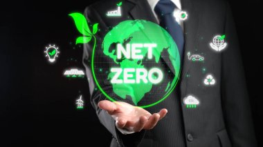 Sürdürülebilirlik simgeleriyle çevrili dijital küre, karbon emisyonlarını azaltma ve çevresel dengeyi sağlama amacını temsil etmektedir