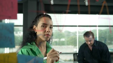 Profesyonel iş adamları yaratıcı pazarlama fikrini modern ofiste tartışırlar. İş adamları cam tahtada yapışkan notlar kullanarak finansal plan üzerinde çalışıyor. Yönlendirici.