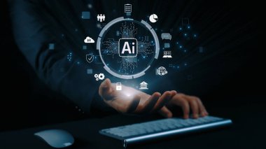 Yapay zeka mühendisliği, büyük veri ve yapay zeka makinesi kavramında yapay zeka beyin işlemcisiyle iş desteği için üretken yapay zeka kullanmayı öğrenen insan etkileşimi. Kullanıcı Kimliği