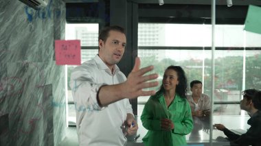 Yetenekli işadamı, cam duvara renkli yapışkan notlar yapıştırarak proje yöneticisine pazarlama fikrini sundu. Proje yöneticisi yatırımcıya projeyi gösteriyor, anlatıyor, gösteriyor. Yönlendirici.