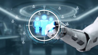 Modern teknoloji ortamında insan figürlerini ve veri analiz elemanlarını gösteren dijital bir arayüzle uğraşan robotik bir elin ayrıntılı bir görüntüsü. Auvana