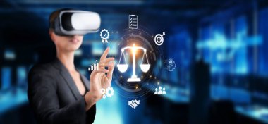 Bu resim, sanal gerçekliği kullanarak yapay zeka etik, düzenleme ve yönetim temalarını dijital ortamda inceleyen, yenilik ve sorumluluk aktaran bir profesyoneli betimlemektedir. XDMCP