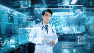 Doktor laboratuarda dikilip tıbbi veri hologramına bakarken tıbbi rapor tutuyor. Akıllı doktor kayıtları incelerken insan organı hologramını da inceliyor. Yapay zeka teknisyeni Yaratıcılık.