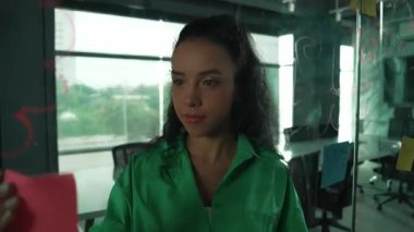 Fikirlerini paylaşmak için cam duvara yapışkan notlar yapıştıran zeki, yetenekli İspanyol menajer. Ofisteki cam tahtada yapışkan notlar kullanarak iş planı yapan profesyonel bir iş kadını. Yönlendirici.