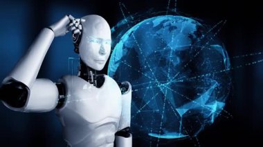 Thinking AI hominoid robot analyzing hologram screen shows concept of network global communication using artificial intelligence by machine learning process. 3D rendering computer graphic.