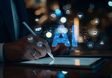 Bir profesyonel, çeşitli akıllı işlevleri ve yenilikçi teknolojileri temsil eden ikonlar ile resimlenmiş dijital tablet kullanarak üretici yapay zeka potansiyelini keşfeder. XDMCP