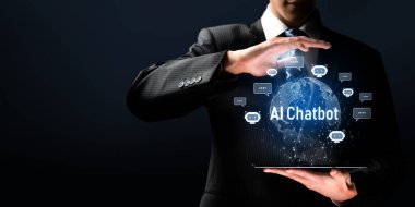 Yapay zeka sanal asistanı Chatbot ile yapay zeka konsepti ile insan etkileşimi, yapay zeka mühendisliği, LLM yapay zeka derin öğrenimi iş desteği için üretken yapay zeka kullanımı. FaaS
