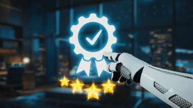 Fütürist robotik bir el, teknolojideki kaliteyi ve başarıyı simgeleyen, beş yıldızlı parıldayan bir ödül ikonuna işaret ediyor. Yenilik ve başarı kavramları için idealdir. Auvana