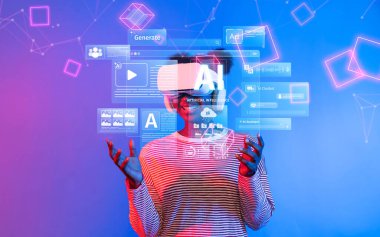 Yenilikçi ve dijital içerik yaratma yöntemlerini keşfetmek için üretken yapay zeka ve sanal gerçeklik teknolojisini kullanan bir içerik yaratıcının modern bir temsili. XDMCP