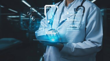 Close up of doctor holding tablet with examination result hologram floating at laboratory. Medical worker using technology innovation to analyze human anatomy. HUD Dashboard Whole Body. Remedial. clipart