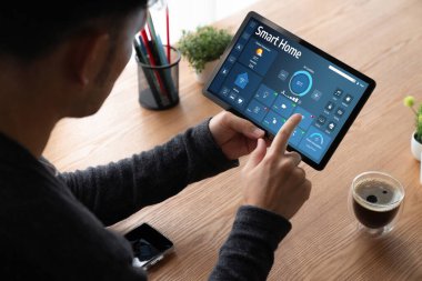 Smart home technology, centric remote control system with digital dashboard for air conditioning, safety security network or house automation. App software, ui panel programming IOT monitor snugly