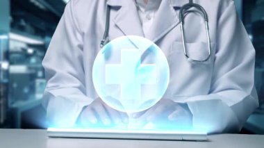 Hastanede üzerinde tıbbi haç bulunan klavye yazan zeki doktorlara yakın çekim yapın. Profesyonel pratisyen hekimin ameliyata hazırlanırken teşhis için tıbbi araştırmaları kullanması. İyileştirici.