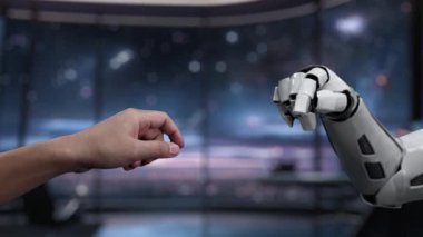 İnsan eliyle robot kol arasındaki etkileşimin dinamik bir temsili modern teknoloji ve çalışma alanına yapay zekanın entegrasyonunu sembolize ediyor. Auvana