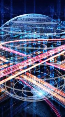 Çevrimiçi trafik kontrol sistemi olan sessiz ve fütürist bir şehirde akıllı ulaşım. Yeni bilgi çağındaki küresel eğilimleri değiştiren akıllı dijital dönüşüm ve teknoloji bozulması kavramı .