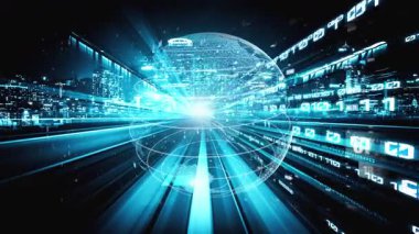 Fütürist küresel ağ ve dijital veri transferi 3D grafik. Yeni bilgi çağındaki küresel eğilimleri değiştiren akıllı dijital dönüşüm ve teknoloji bozulması kavramı .