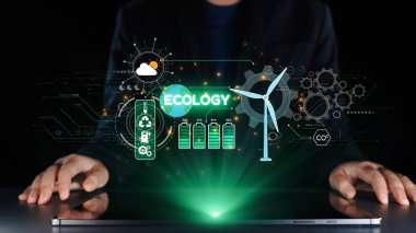 A futuristic digital interface illustrating key concepts of ecology and renewable energy, featuring icons of wind turbines and batteries against a sleek black background. Qubit clipart