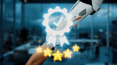 Robot bir elin insan elini sıkmasının yaratıcı bir temsili, dijital bir rozet ve yıldızların yer aldığı, modern ofis ortamındaki başarıyı ve yeniliği simgeleyen. Auvana