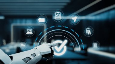 Gelecekçi bir robot kolu, modern ofis ortamında iş ve teknoloji ile ilgili çeşitli simgeleri gösteren gösterişli bir dijital arayüzle karşılaşır. Auvana