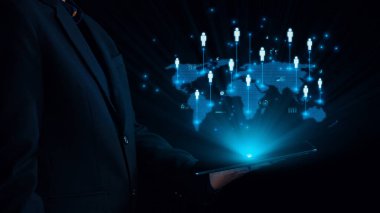 İş adamı ağ kurar, değerli bağlantılar kurar. Profesyonel ağı ve fırsatları genişletmek için etkili insan ağ oluşturma stratejileri UUID