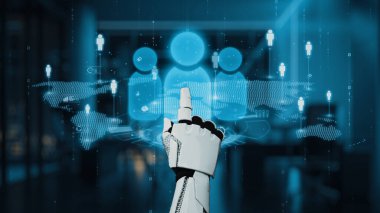 Robotik bir el, insan figürlerinin dijital temsilleriyle ilgilenir, teknoloji ve insan etkileşiminin parlak ofis ortamını sembolize eder. Auvana